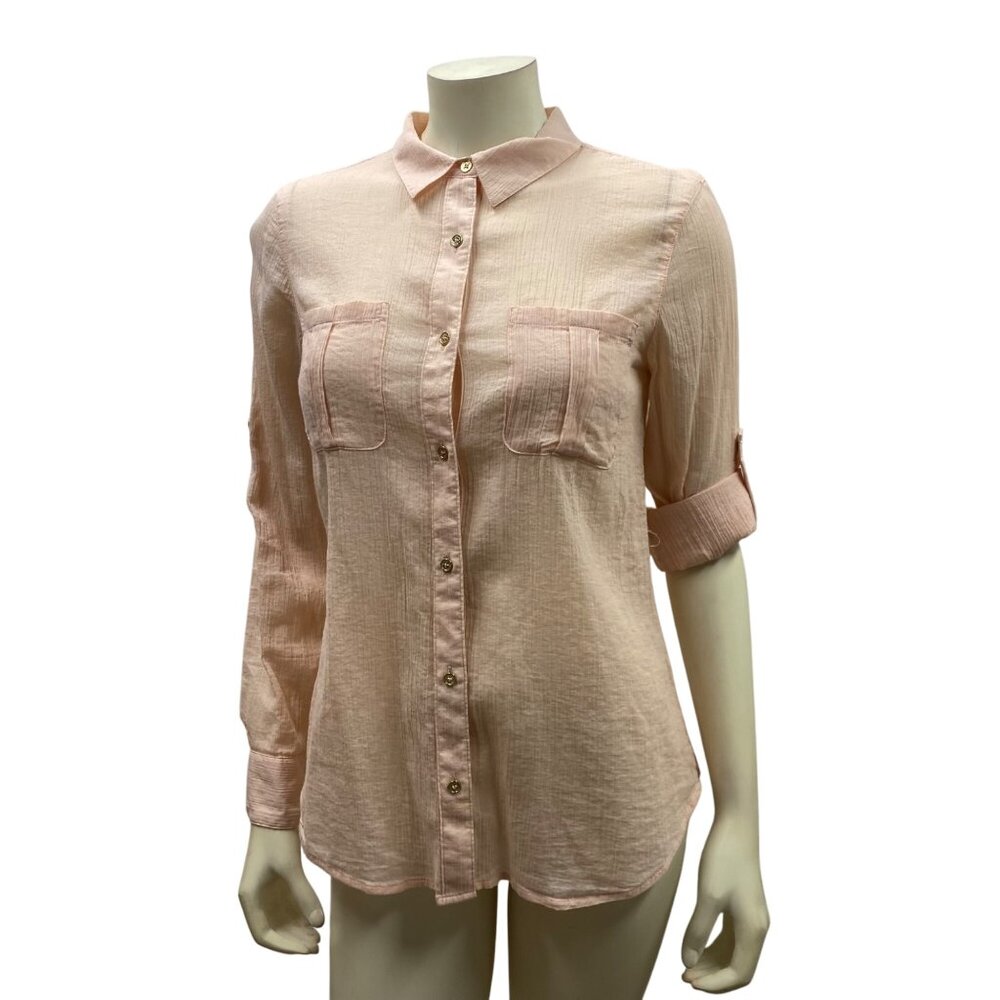 Calvin Klein Womens Button-Up Long Sleeve Blouse - Peach Beige Size S